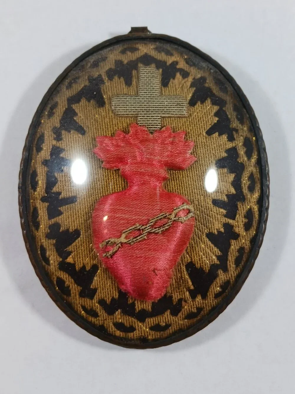 Antique 19th Century French Sacred Heart Jesus Embroidered Reliquary Devotional